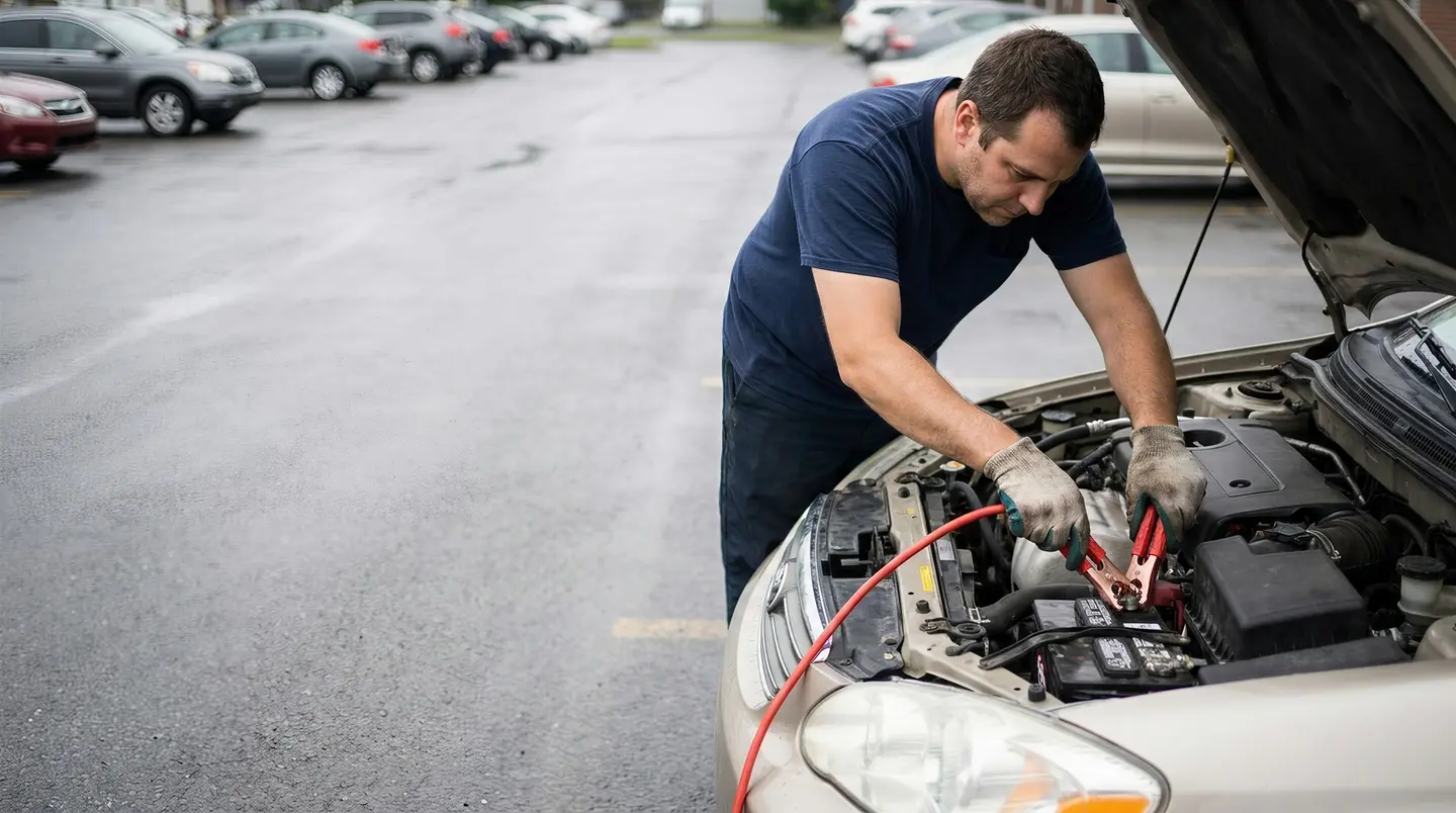 Un mécanicien branche des pinces de survoltage sur la batterie d'une auto, capot ouvert, dans un stationnement