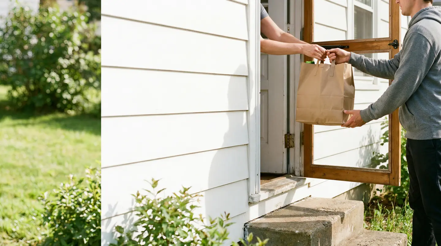 Un sac de papier remis de main à main à la porte d'une maison, au soleil