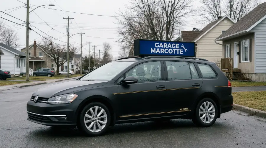 L’auto de Gold Fang stationnée dans une rue résidentielle, l’écran affichant l’annonce d’un garage
