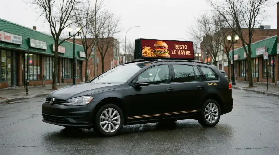L’écran affichant l’annonce d’un restaurant, devant des commerces d’une rue de quartier